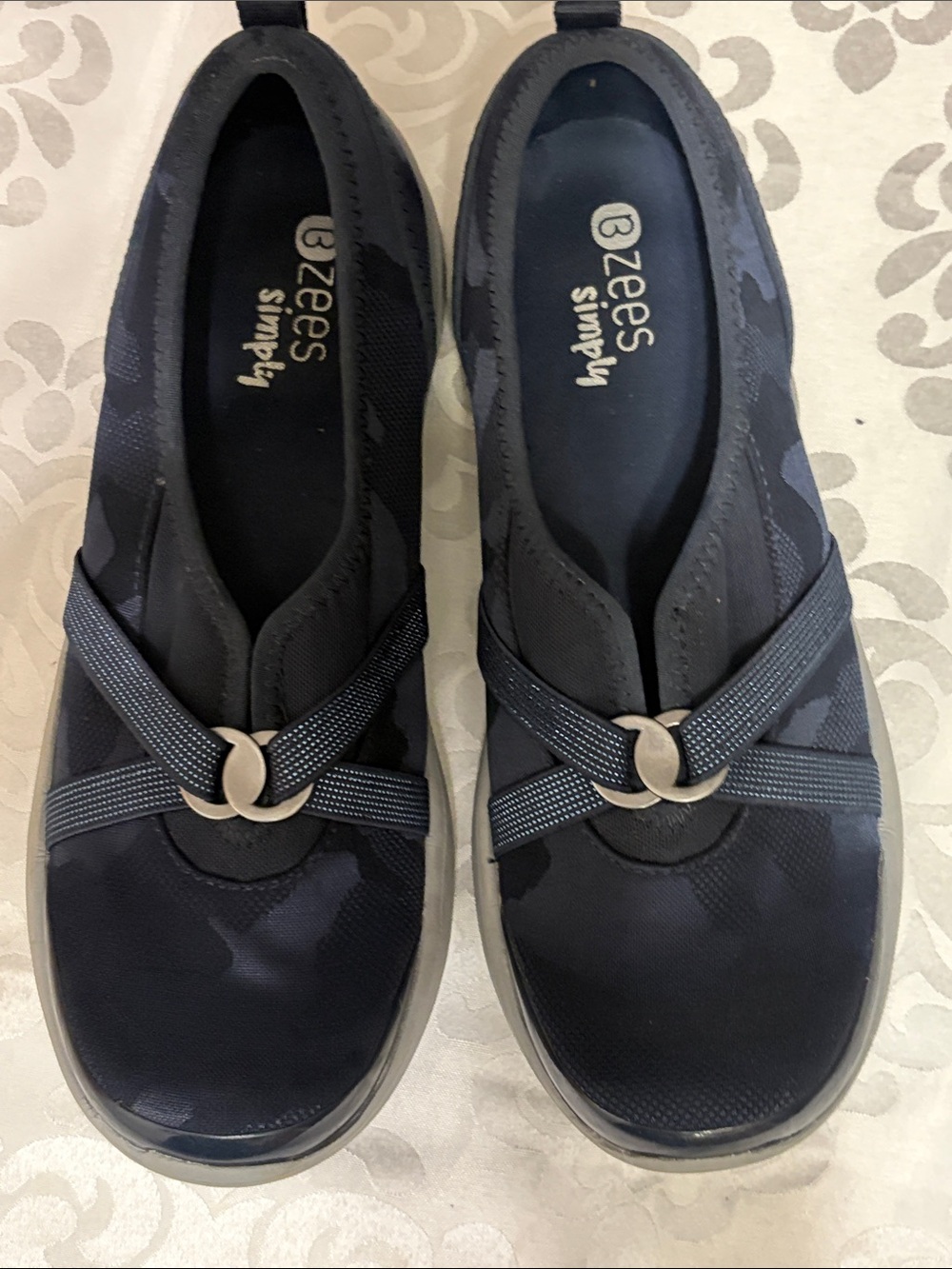 Bzees Navy Slip-On Flats with Decorative Cross Straps